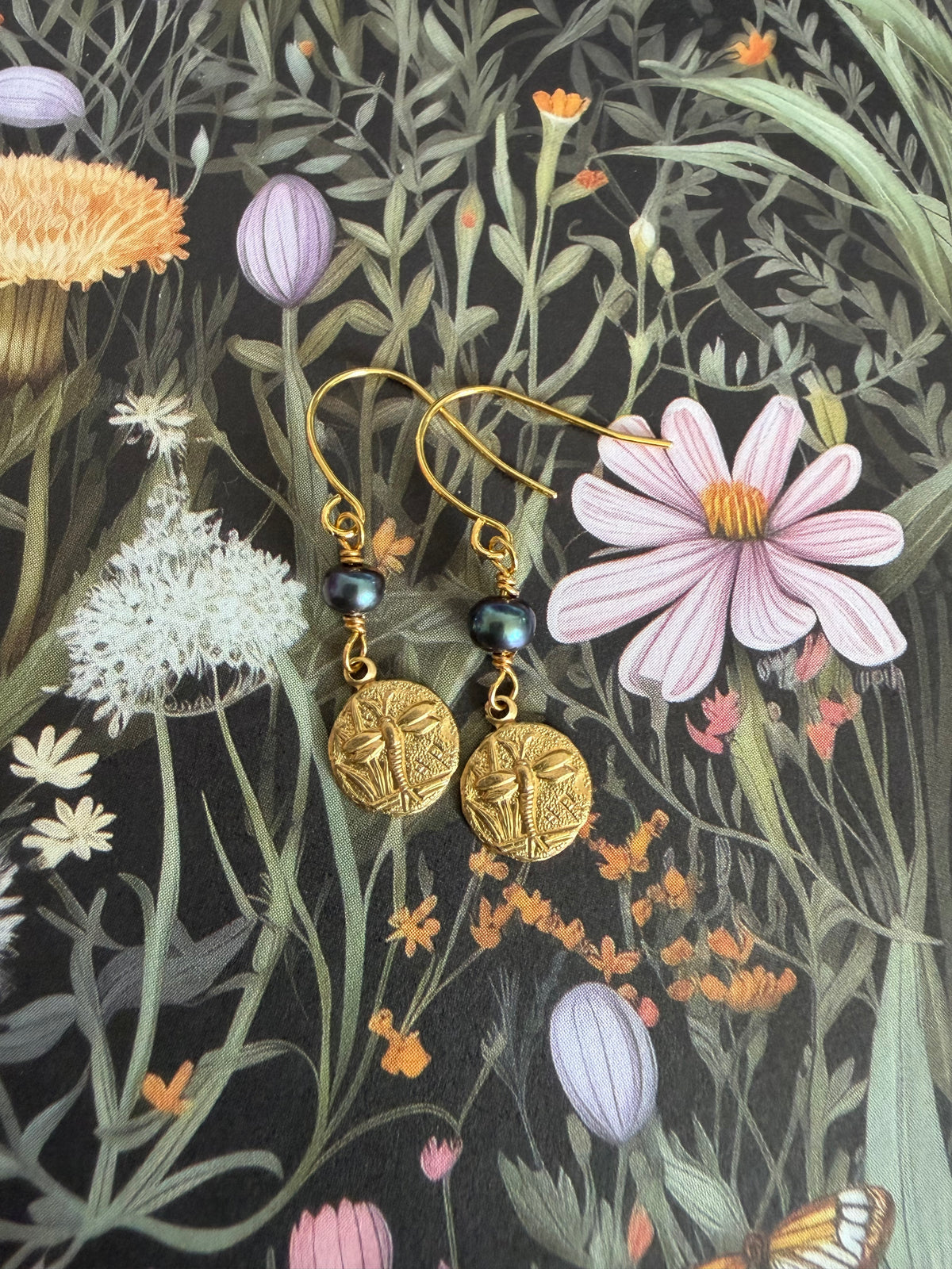 Dragonfly Brass Earrings with Natural Tahitian Rice Pearls | 1 Inch