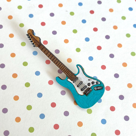 Hand Painted Electric Guitar Brooch  -  Unique Wood Pin for Music Lovers & Guitarists