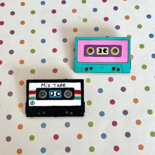 Hand-Painted Cassette Tape Brooch – Retro 80s 90s Pin – Lightweight Wooden Music Lover Gift – Vintage Style Lapel Pin