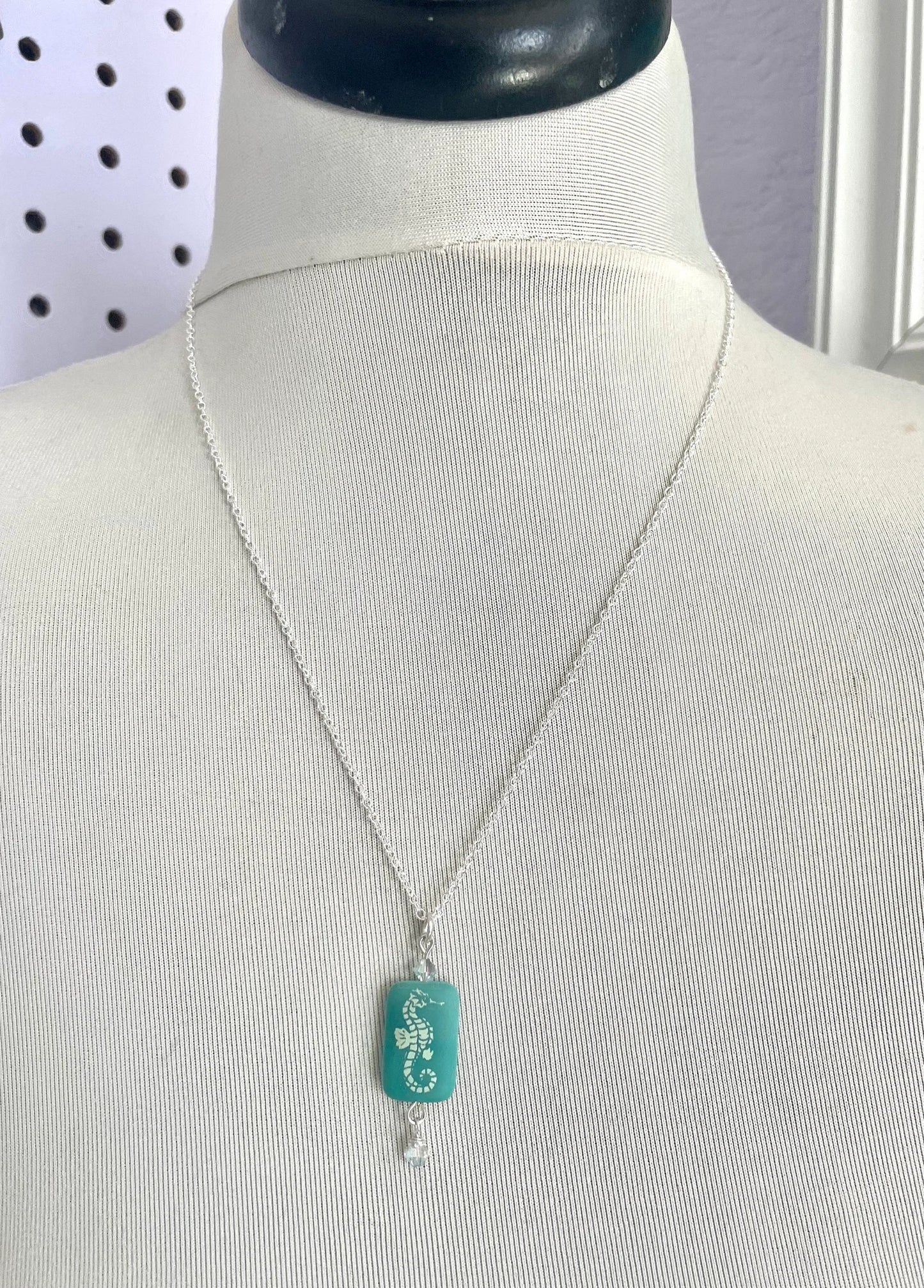 Glass beaded turquoise seahorse necklace, earrings, or set