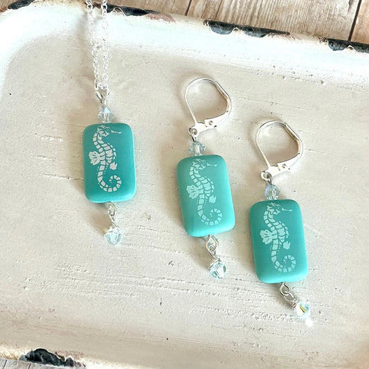 Glass beaded turquoise seahorse necklace, earrings, or set