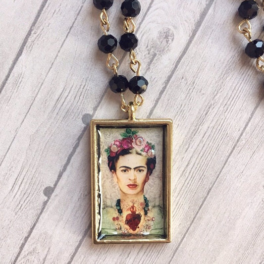 Frida Kahlo sacred heart black beaded necklace