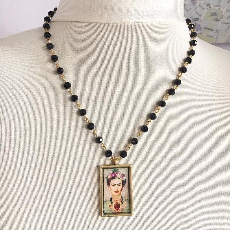 Frida Kahlo sacred heart black beaded necklace