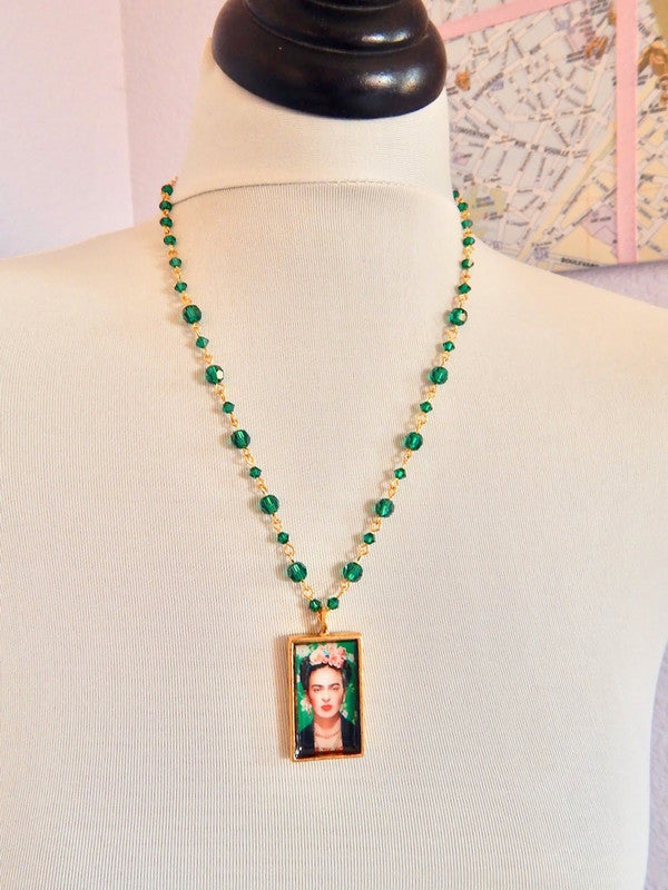 Frida Kahlo emerald green crystal beaded necklace