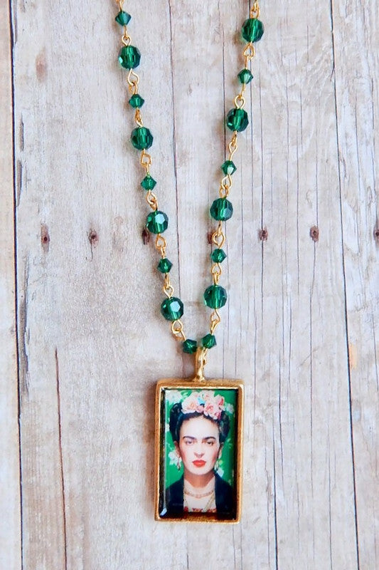 Frida Kahlo emerald green crystal beaded necklace