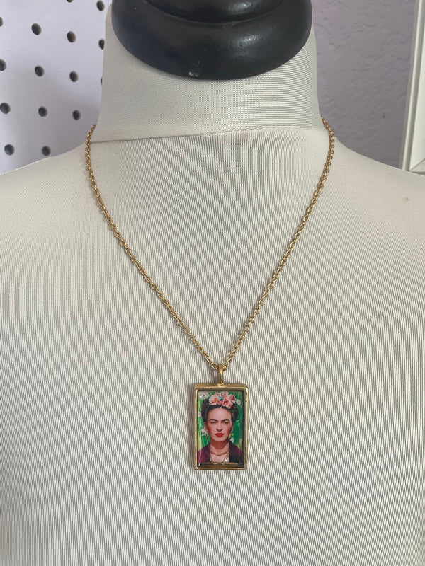 Frida Kahlo altered art necklace on gold plate
