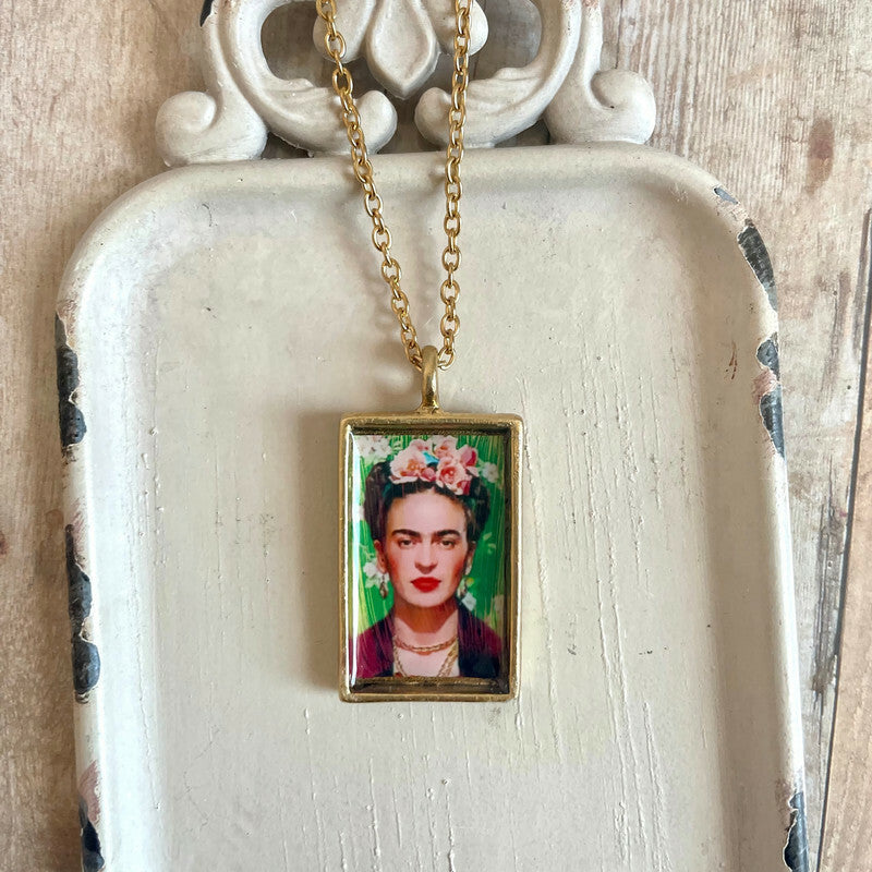 Frida Kahlo altered art necklace on gold plate