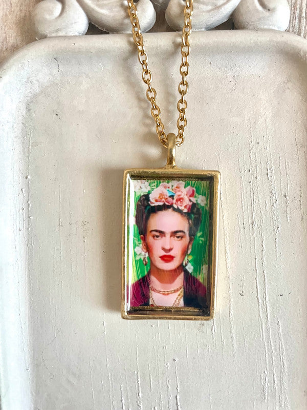 Frida Kahlo altered art necklace on gold plate