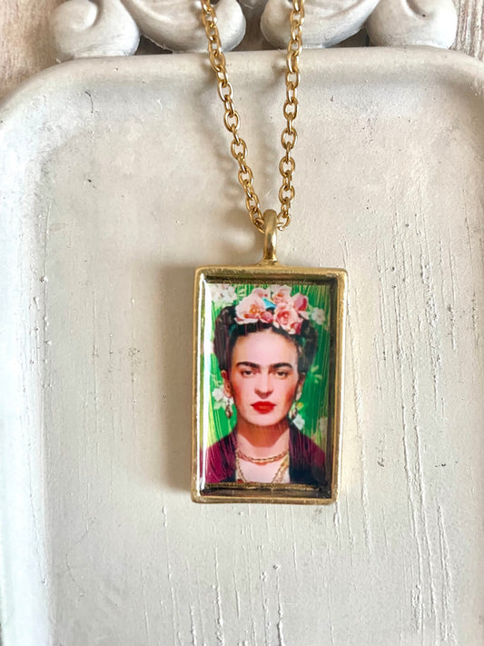 Frida Kahlo altered art necklace on gold plate