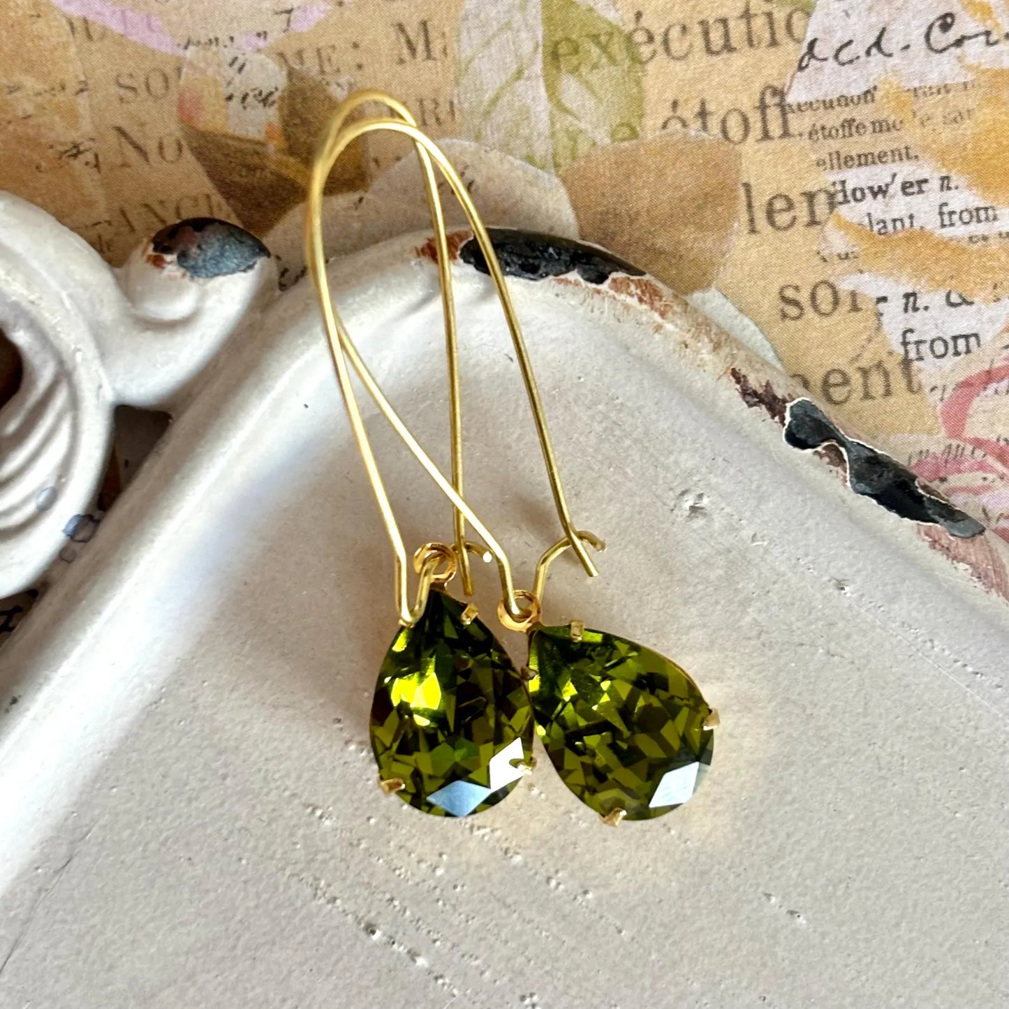 Olivine green pear shape Swarovski crystal earrings
