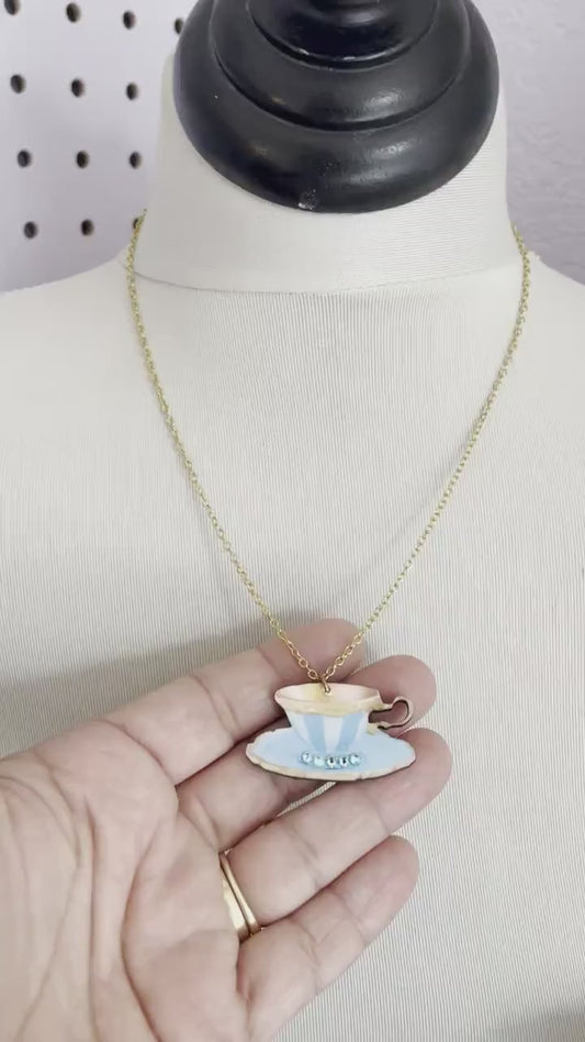Alice in wonderland stripe wood teacup necklace