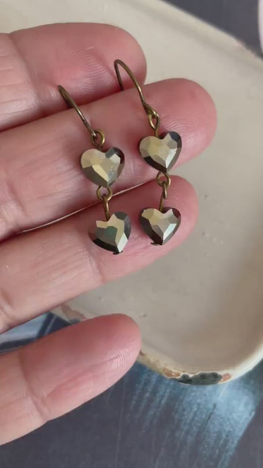 Bronze metallic crystal double heart earrings