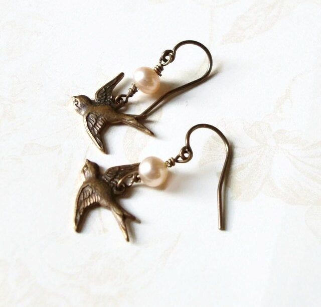 Jossie - sparrow bird earrings with pearls