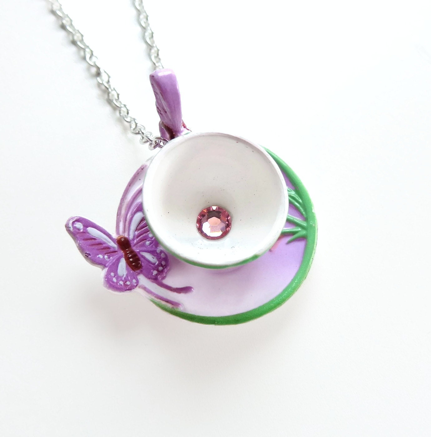 Nova - lavender butterfly teacup necklace