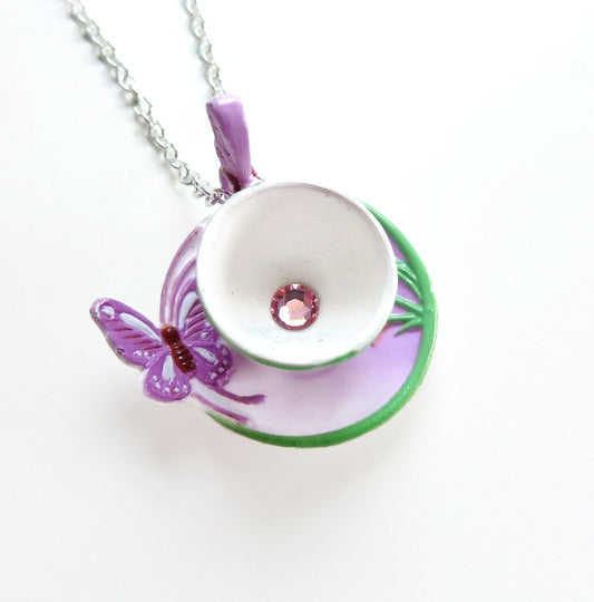 Nova - lavender butterfly teacup necklace