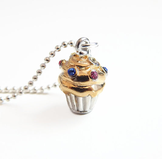 Gold crystal cupcake necklace