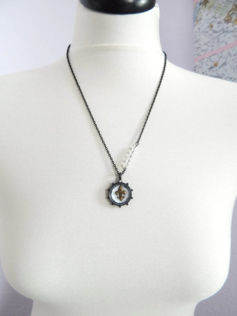 Elise - Fleur de lis shadow box necklace