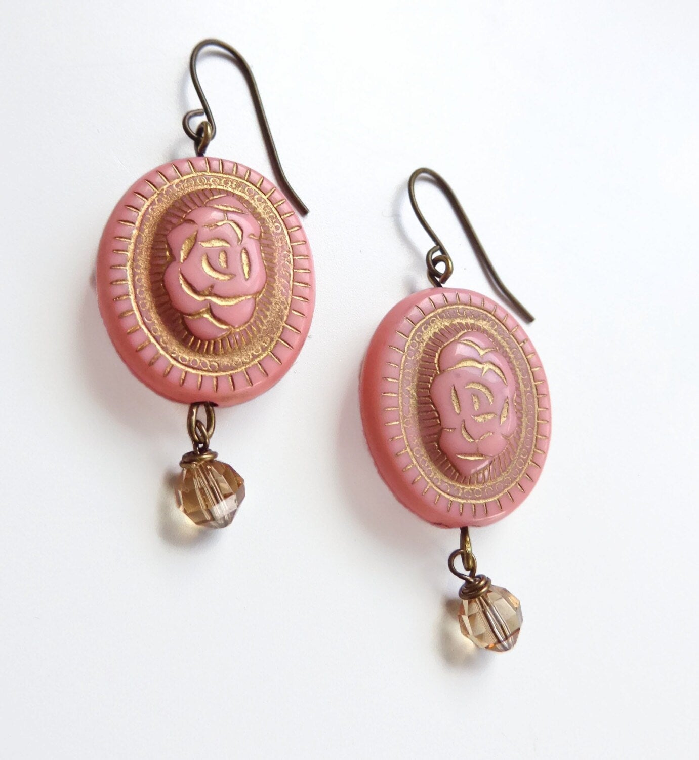 Rose earrings - pink rose drop earrings