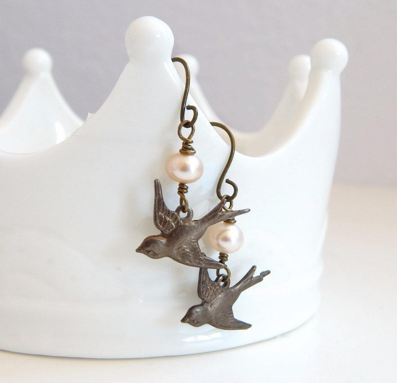 Jossie - sparrow bird earrings with pearls