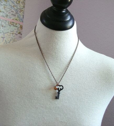 Mona - antique copper key necklace with Swarovski crystal