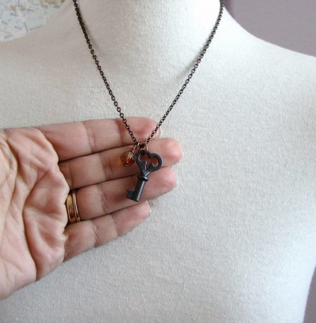 Mona - antique copper key necklace with Swarovski crystal