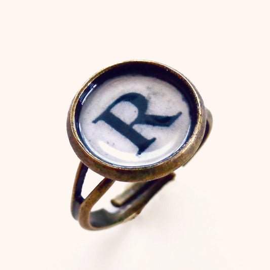 Ramona - Typewriter Key Initial Letter Ring -  Antique Brass - Adjustable Typewriter Ring