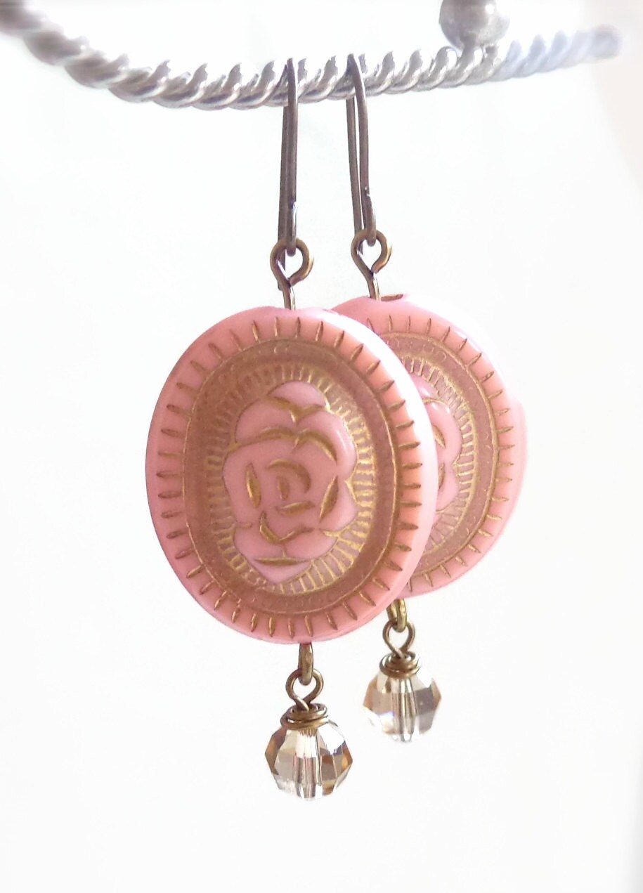 Rose earrings - pink rose drop earrings