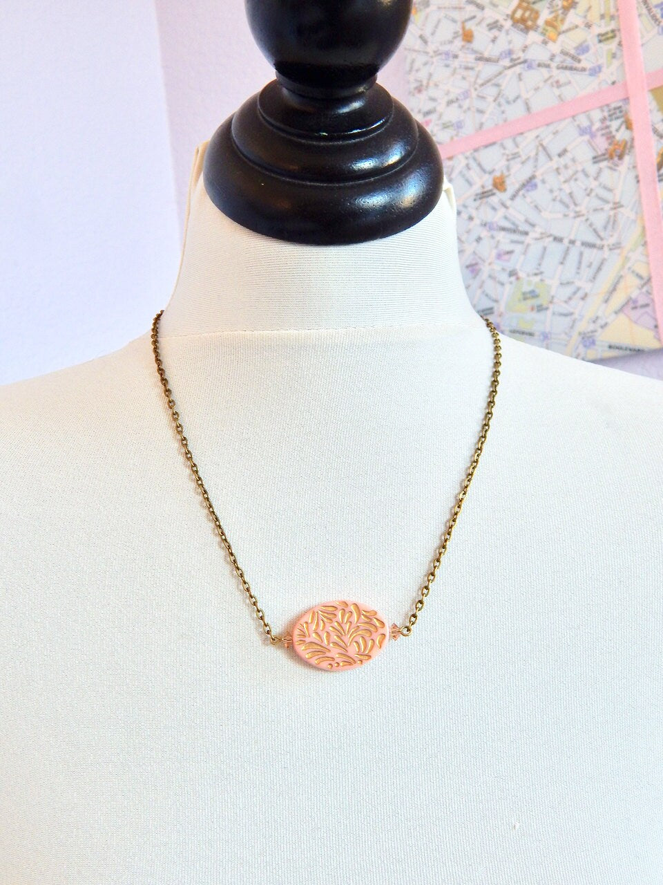 Gold etched pendant necklace in pink or blue