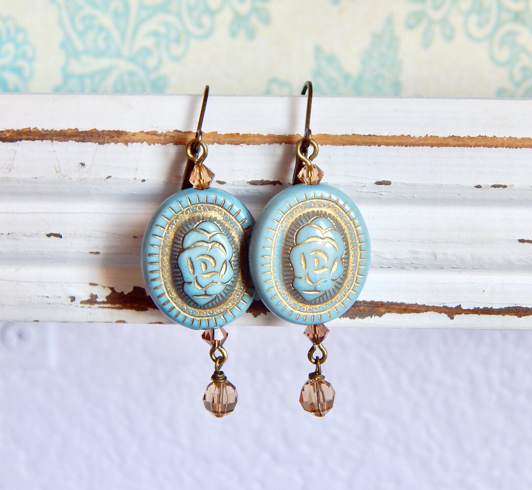 Rose earrings - blue rose drop earrings