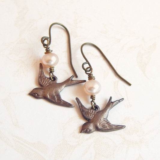 Jossie - sparrow bird earrings with pearls
