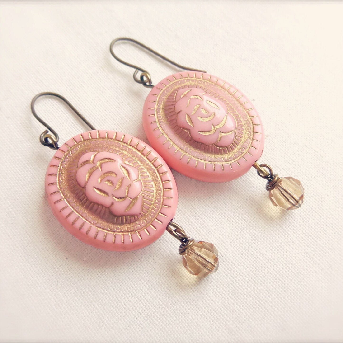 Rose earrings - pink rose drop earrings