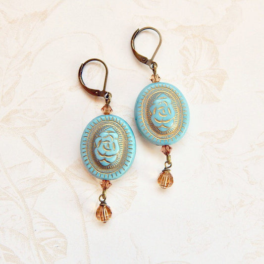Rose earrings - blue rose drop earrings