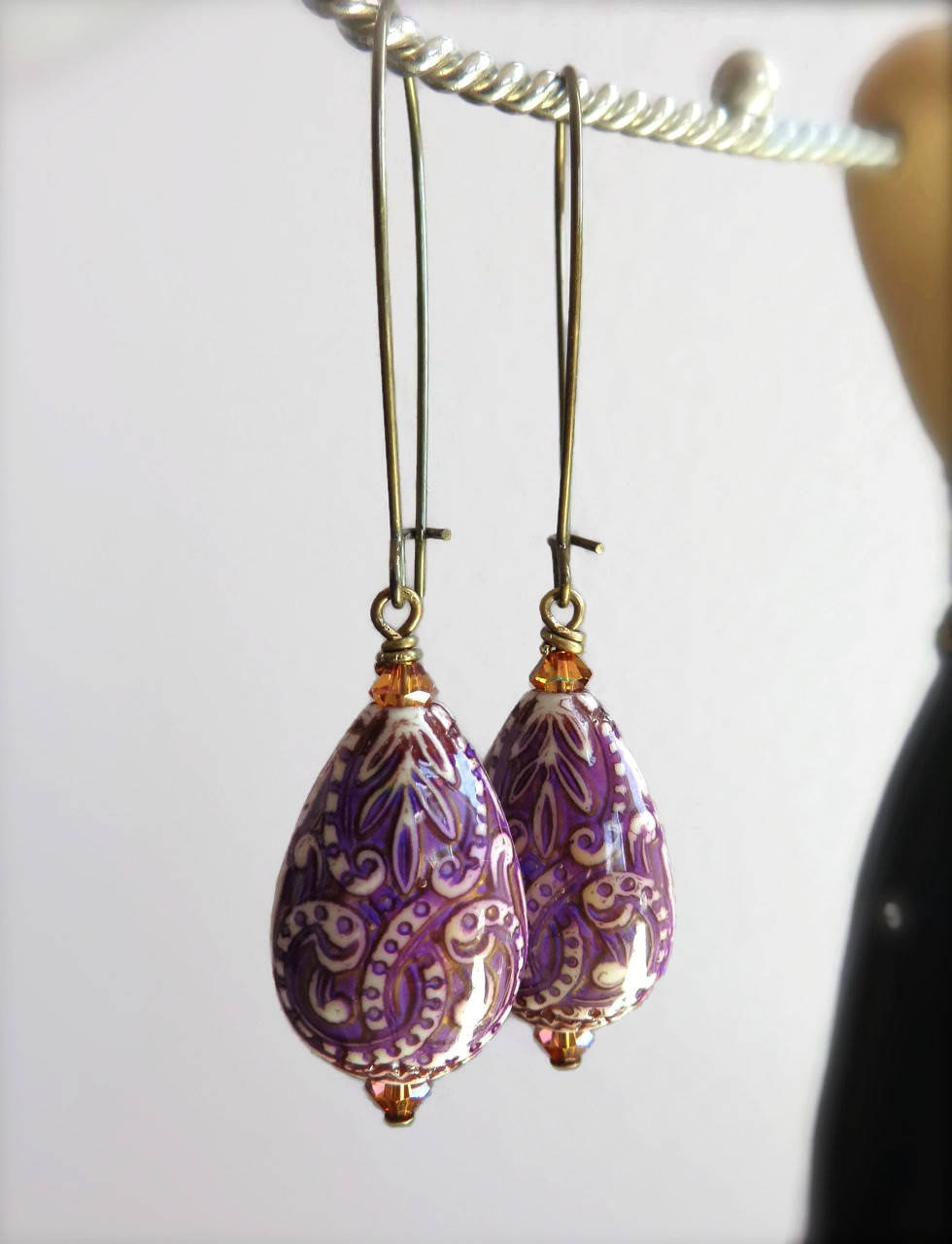 Hazel -purple paisley drop earrings - color changing mood bead earrings - bohemian style earrings