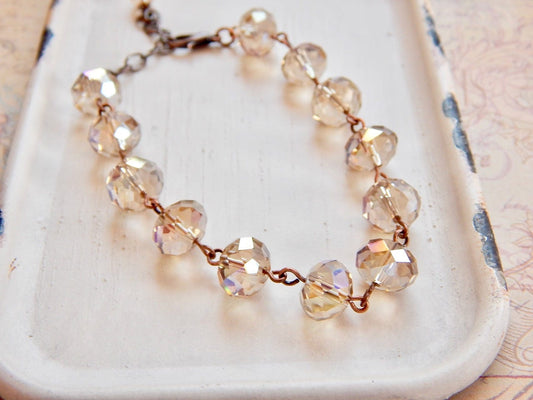 Helen - champagne crystal bracelet - beaded bracelet - copper bracelet - rondelle bracelet