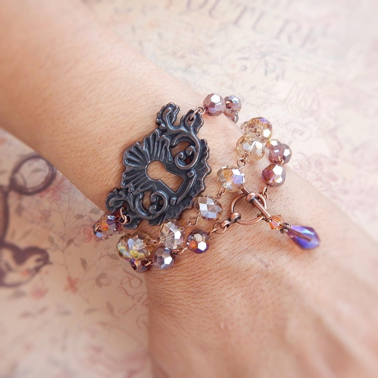 Helen - champagne crystal bracelet - beaded bracelet - copper bracelet - rondelle bracelet