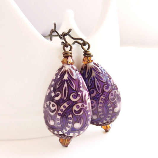Hazel -purple paisley drop earrings - color changing mood bead earrings - bohemian style earrings