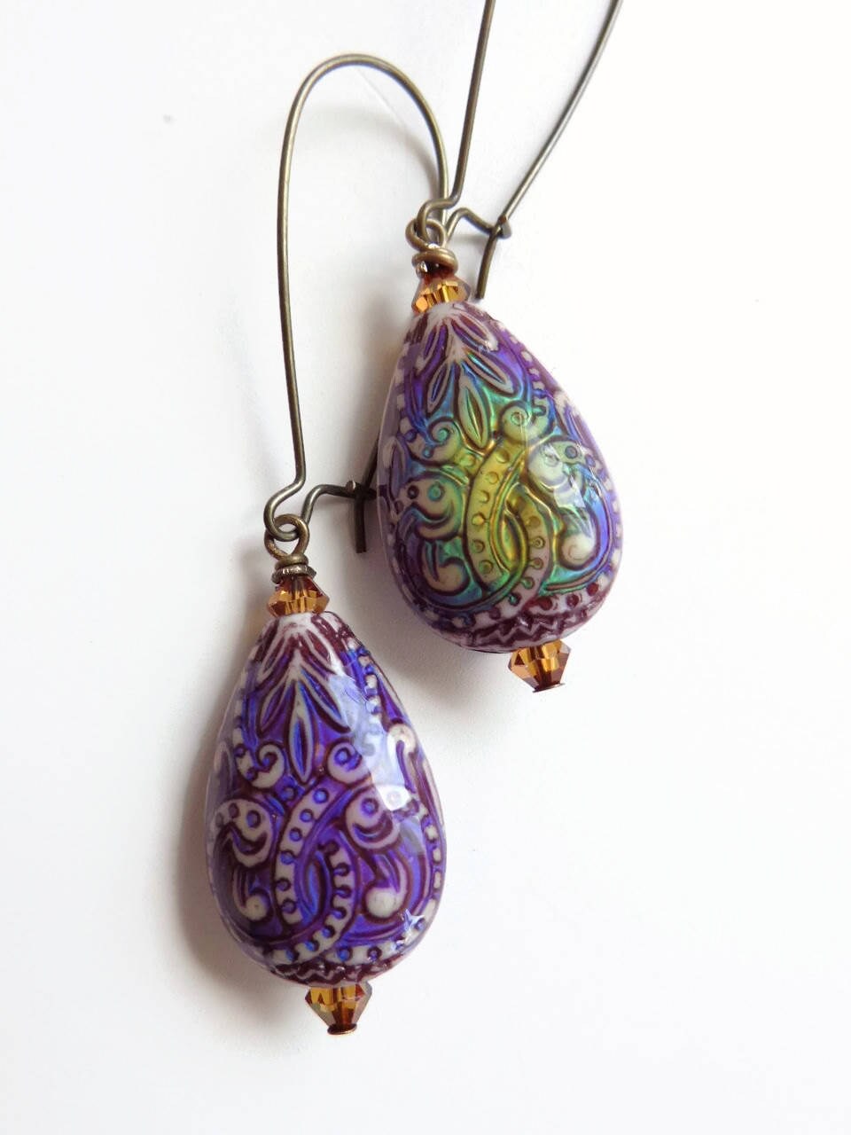 Hazel -purple paisley drop earrings - color changing mood bead earrings - bohemian style earrings