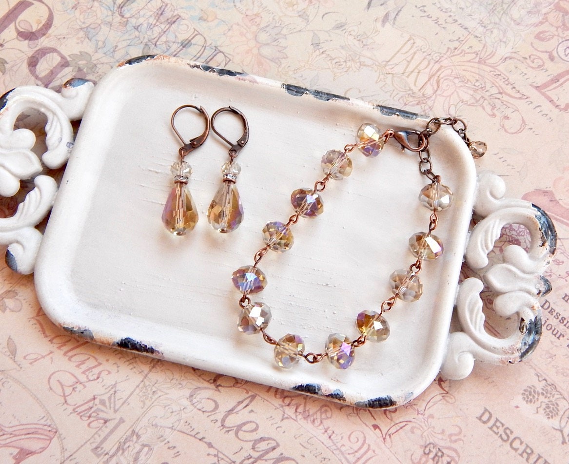 Helen - champagne crystal bracelet - beaded bracelet - copper bracelet - rondelle bracelet