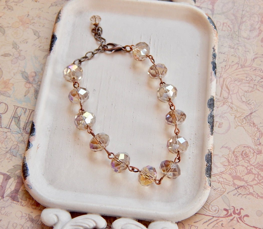Helen - champagne crystal bracelet - beaded bracelet - copper bracelet - rondelle bracelet