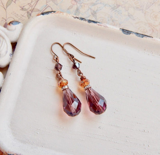 Nonie - amethyst and copper teardrop earrings
