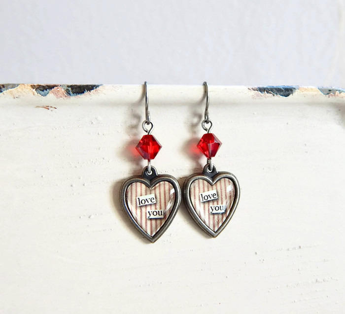 Valentine's Day heart earrings - Love You stripe earrings