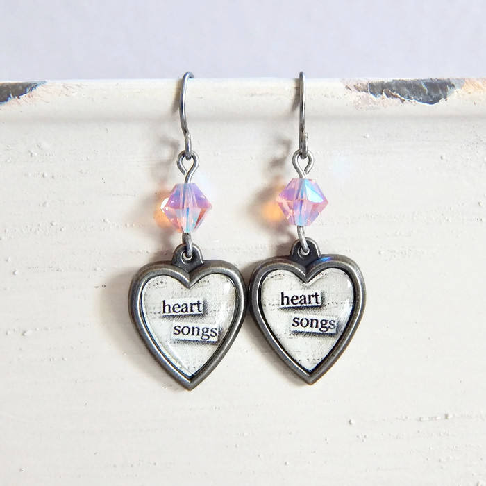 Valentine's Day heart earrings - heart songs - crystal heart earrings - pink crystal