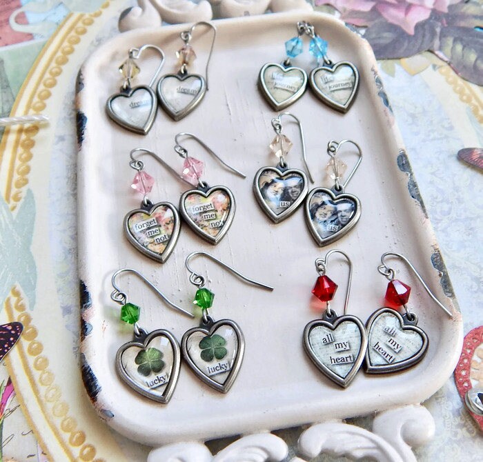 Valentine's Day heart earrings - heart songs - crystal heart earrings - pink crystal
