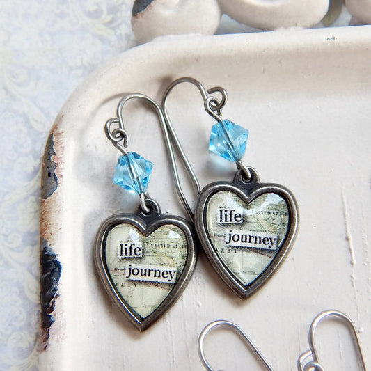 Life Journey - Inspirational earrings - heart earrings - blue crystal - charm earrings