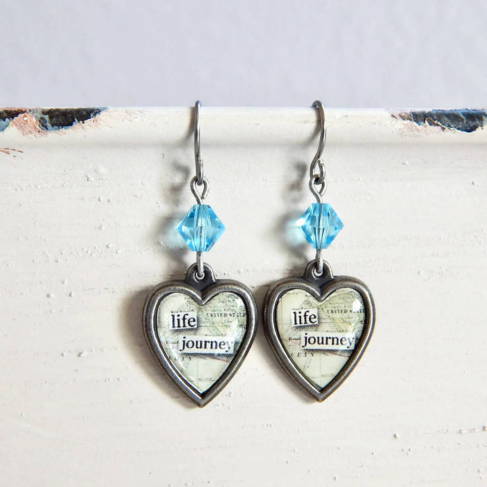 Life Journey - Inspirational earrings - heart earrings - blue crystal - charm earrings