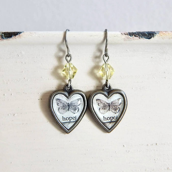 Hope butterfly earrings - Inspirational earrings - hope earrings - yellow crystal - charm earrings