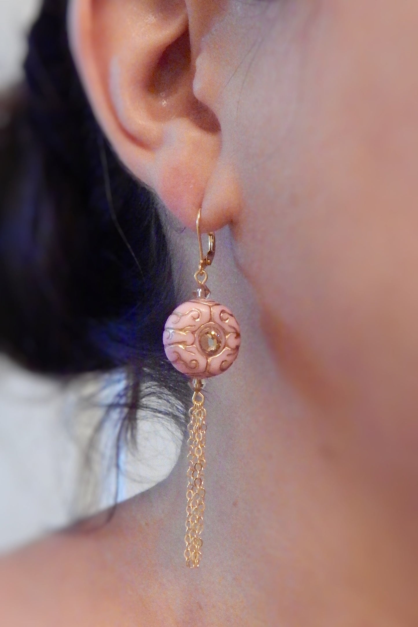 Mia - Pink etched crystal and gold tassel earrings