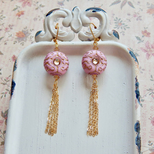 Mia - Pink etched crystal and gold tassel earrings