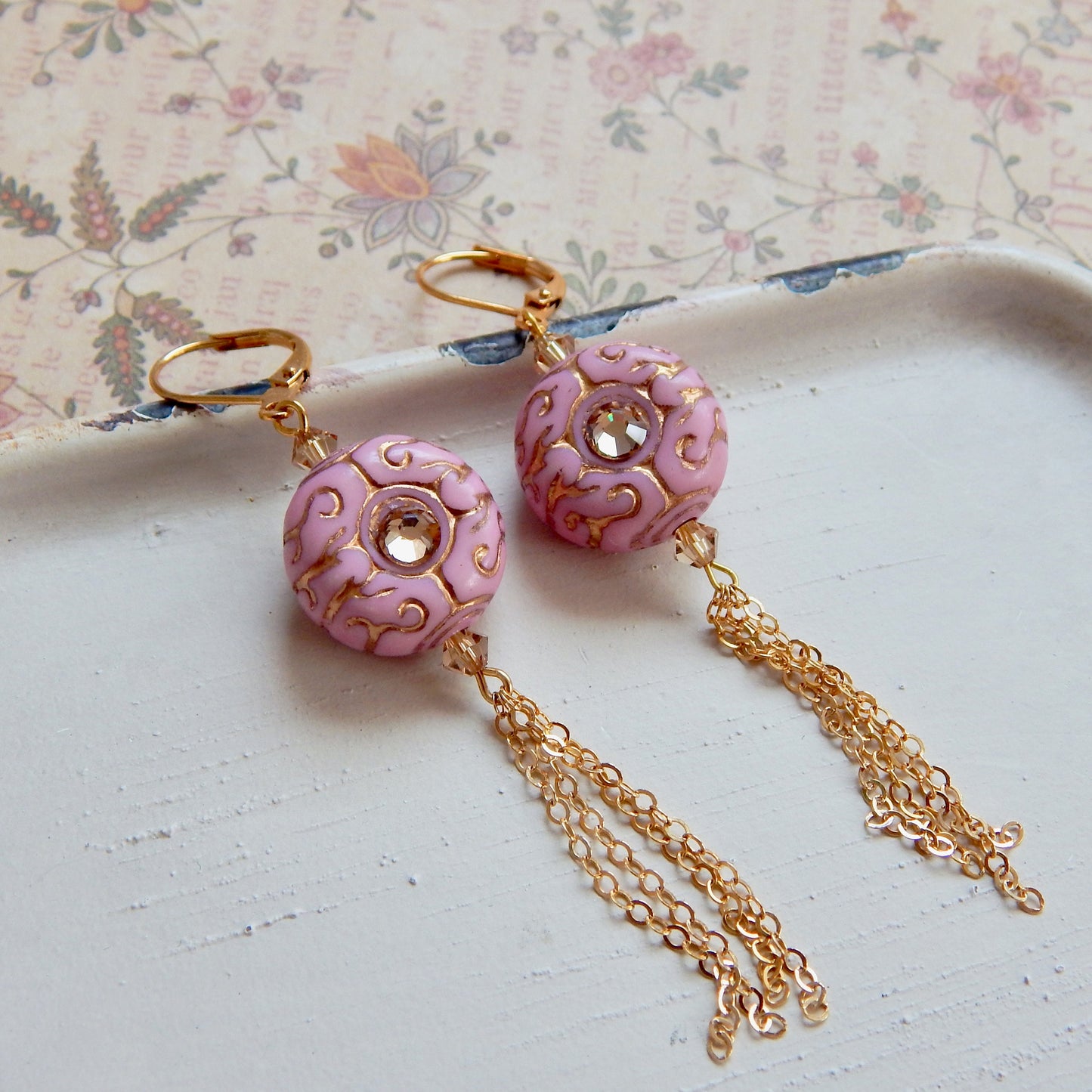 Mia - Pink etched crystal and gold tassel earrings