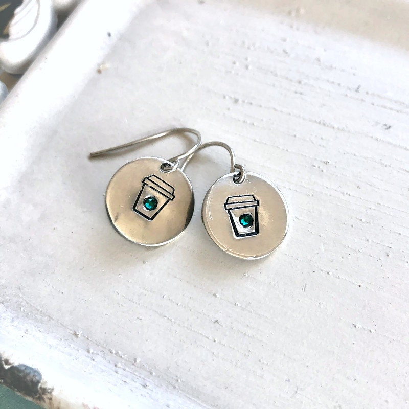 Coffee cup earrings - hand stamped earrings